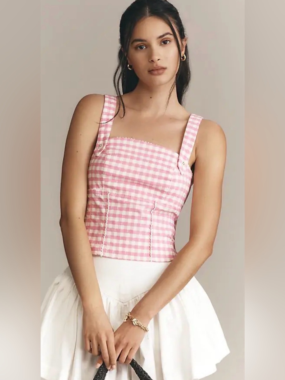 Maeve Pink and White Gingham Square-Neck Corset Top Size Small